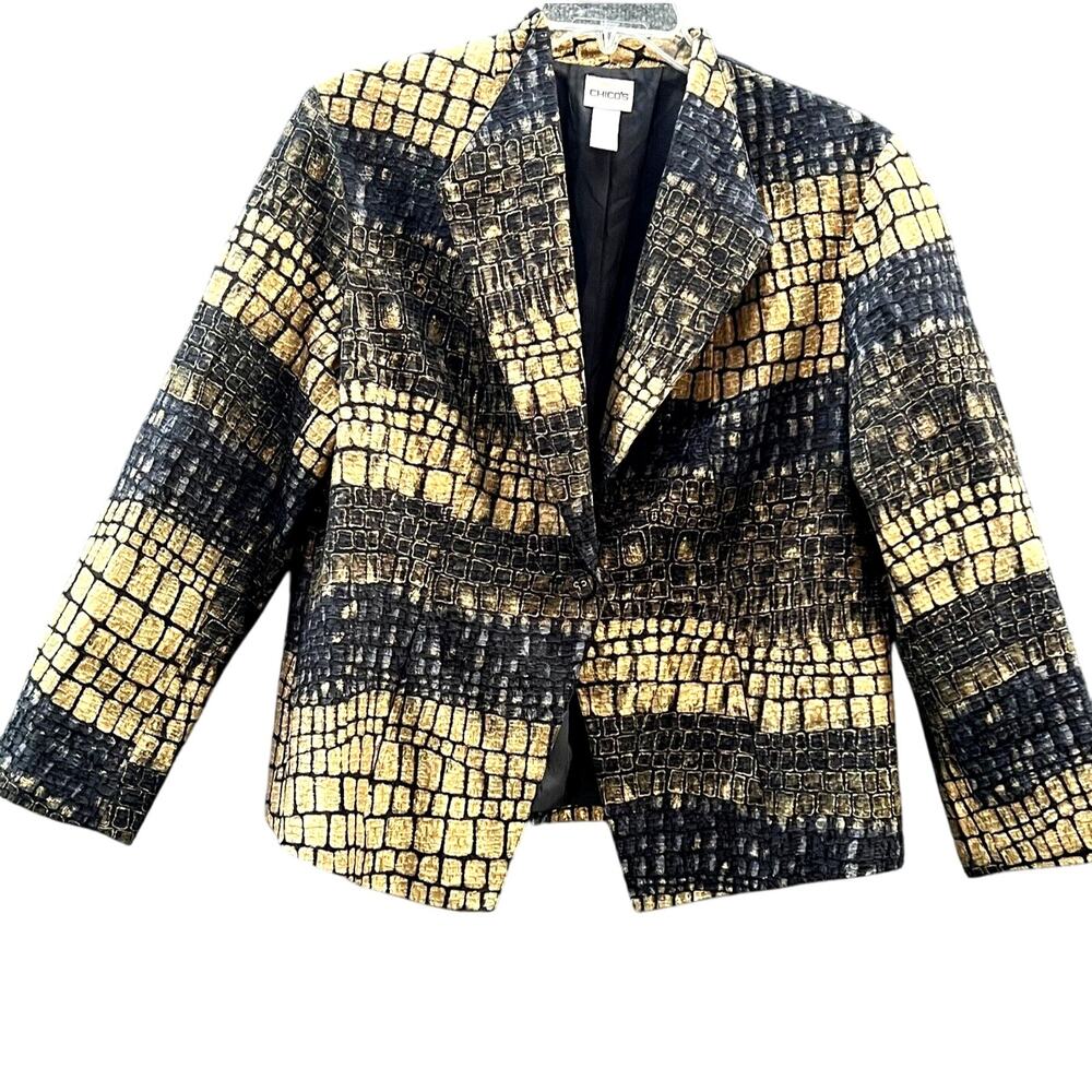 Chicos Blazer Jacket Womens 3 Large Black Gold Metallic Snake Artsy Classic